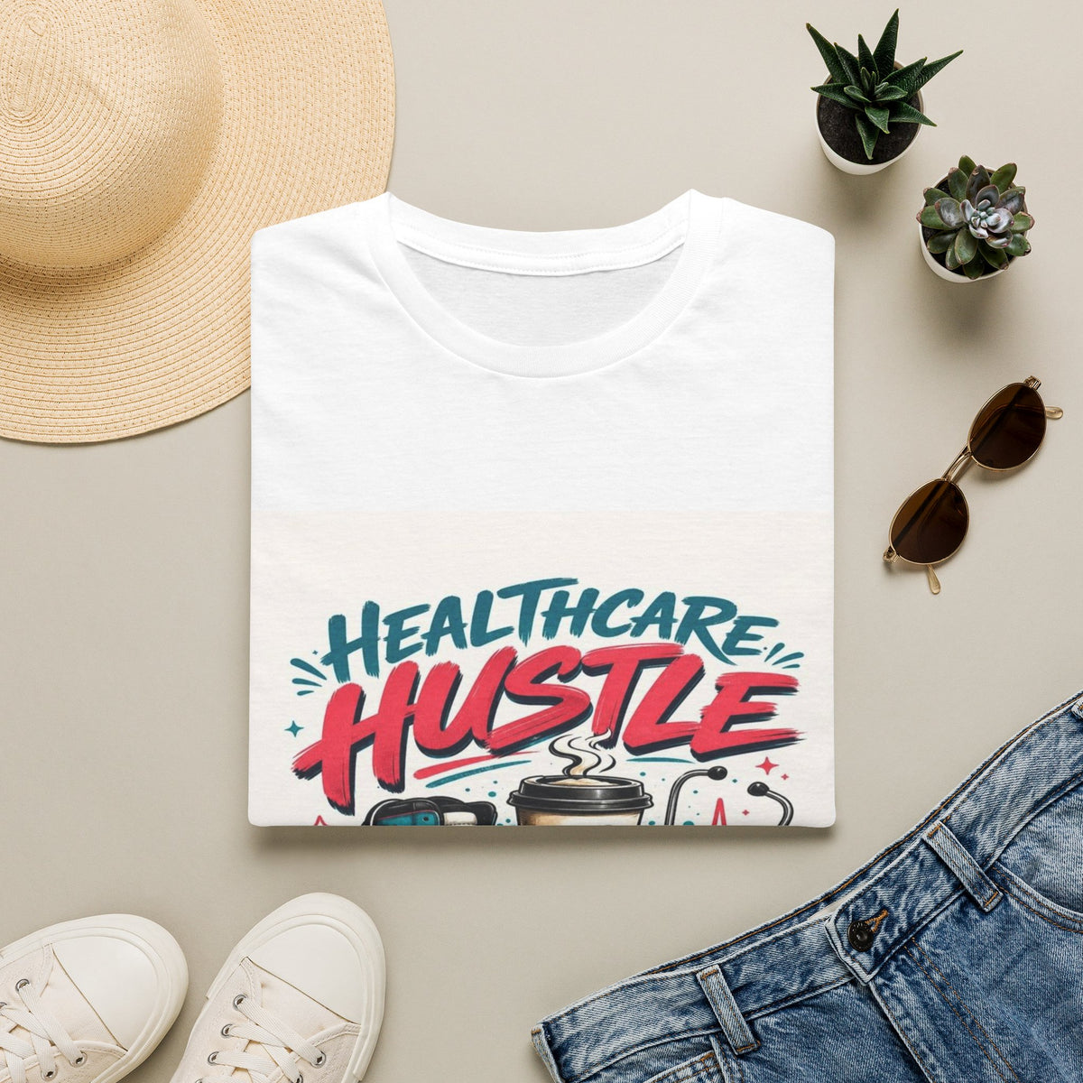 Dynamic T-Shirt Design Featuring Healthcare Hustle Text- Graphic Tees