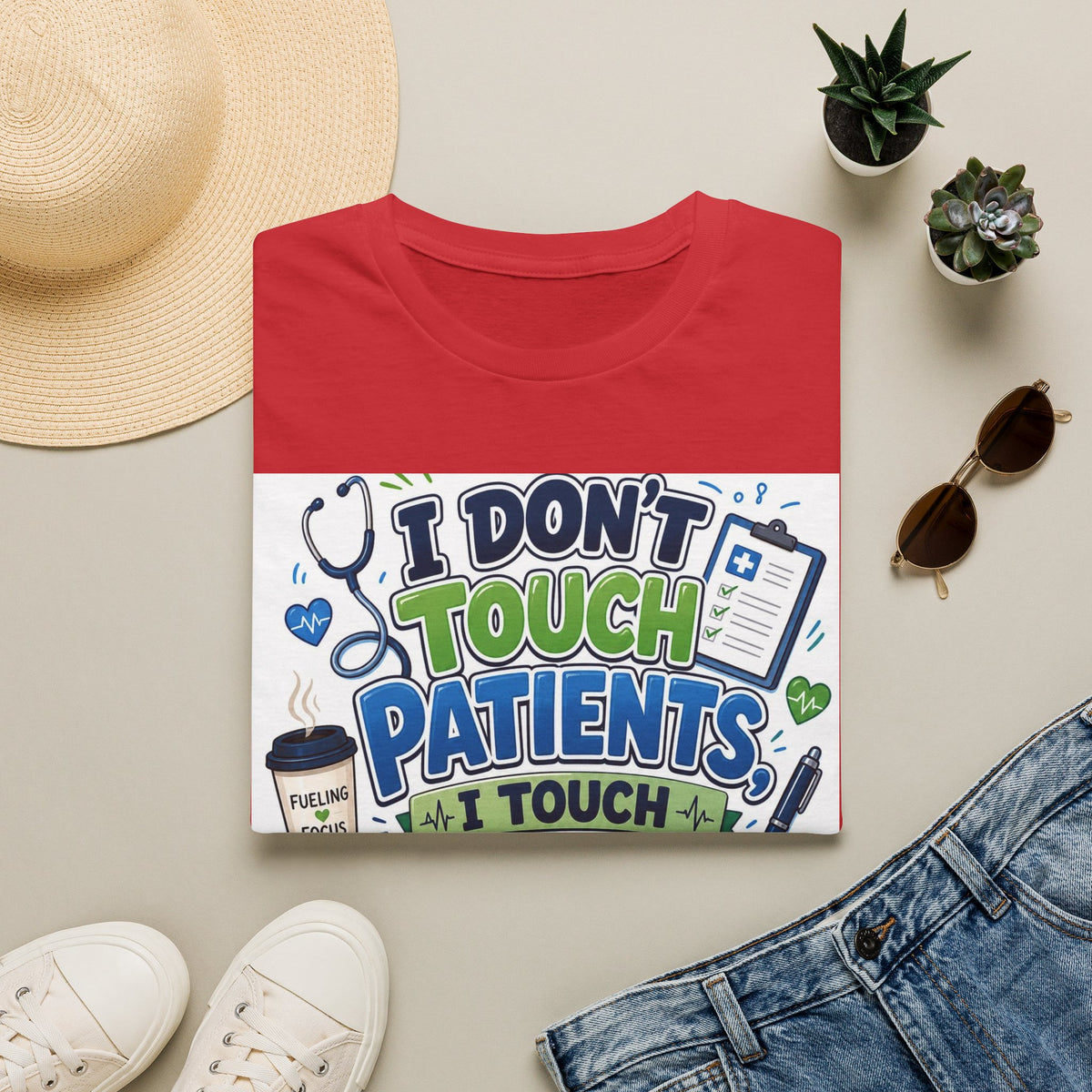 Humorous T Shirt Design Featuring Playful Healthcare And Spreadsheet Imagery