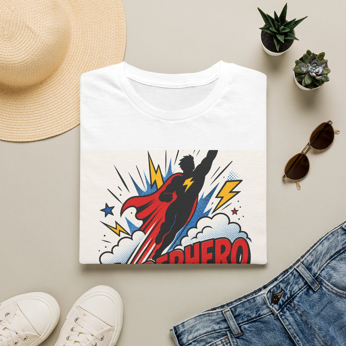 Dynamic Superhero Silhouette Soaring Through Colorful Clouds