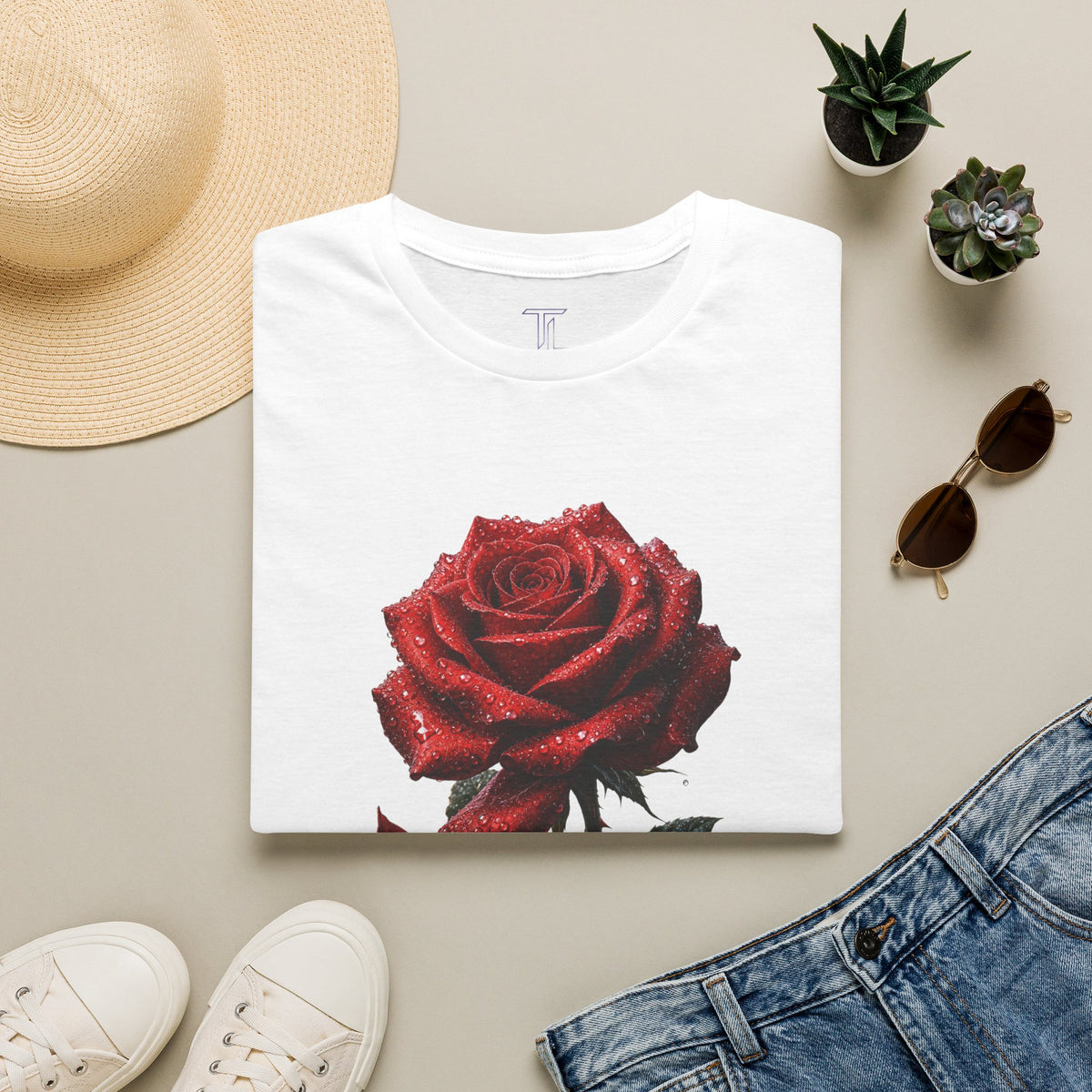 Red Rose Graphic T-Shirt — Falling Petals Floral Tee