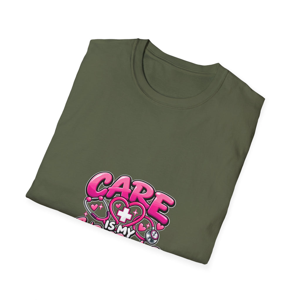 Care Is My Superpower T-Shirt — Cute Pink Heartcare Graphic Tee for Nurses & Caregivers