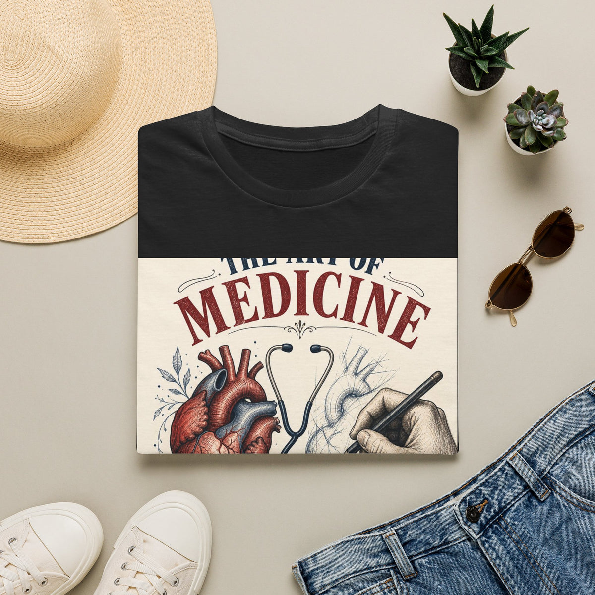 T Shirt Design Featuring Anatomical Heart And Sketching Hand
