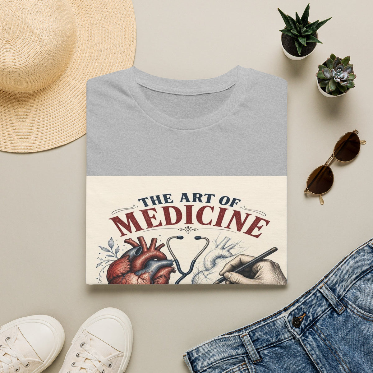 T-shirt Design Featuring Anatomical Heart And Sketching Hand- Graphic Tees