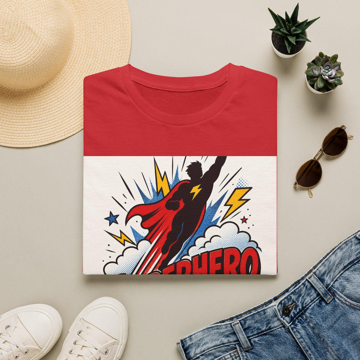 Dynamic Superhero Silhouette Soaring Through Colorful Clouds