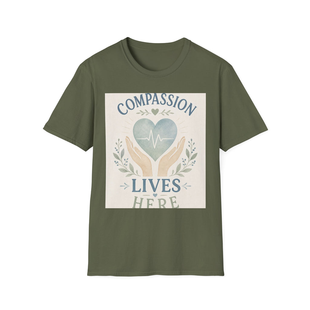 T Shirt Design Featuring Compassion Lives Here With Heart And Hands