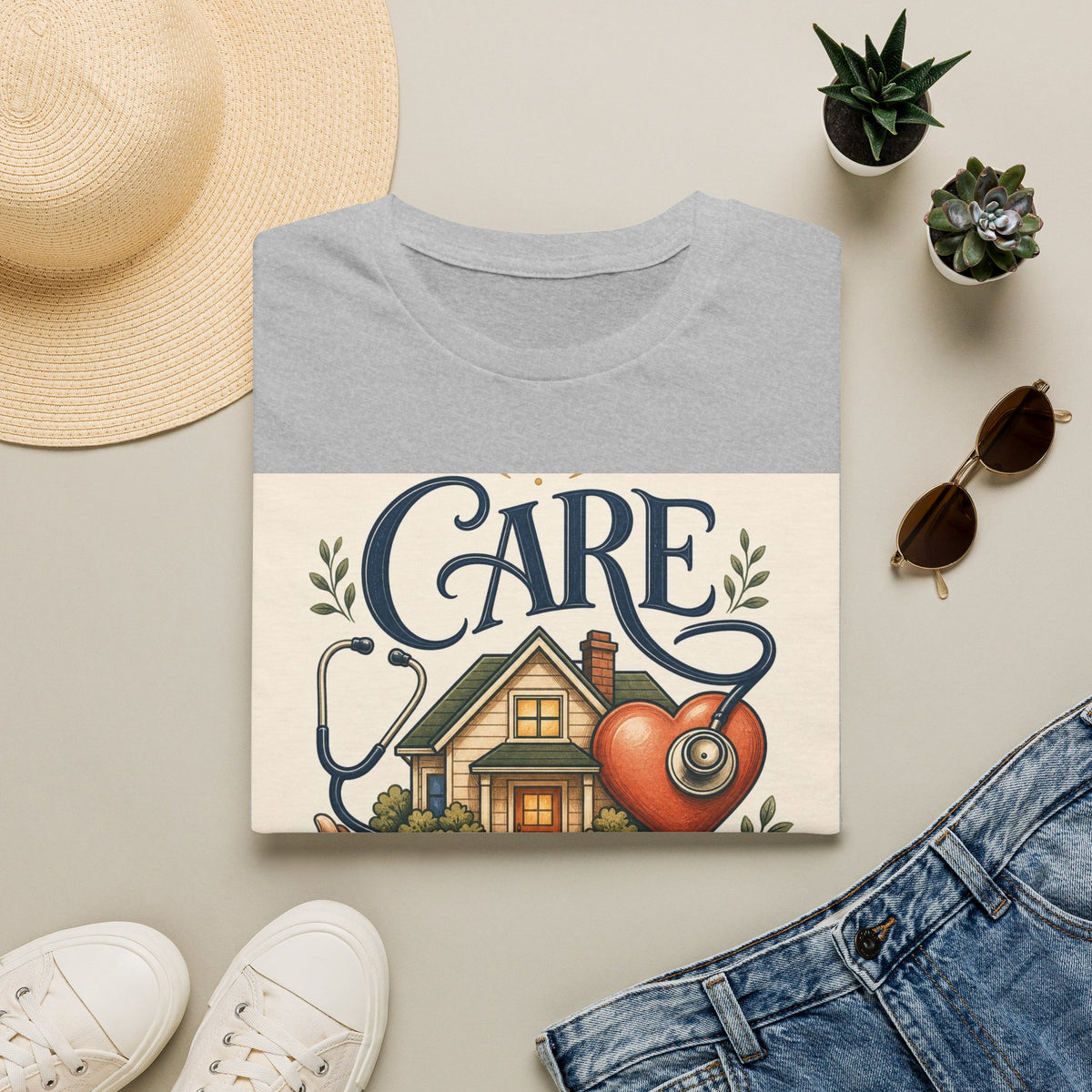 T Shirt Design Featuring Care Comes Home With Warm Illustrations