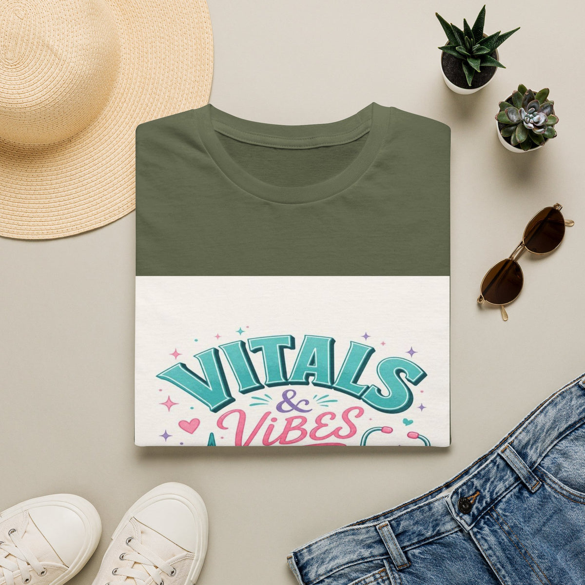 Trendy T-Shirt Design Featuring Vitals And Vibes Phrase- Graphic Tees