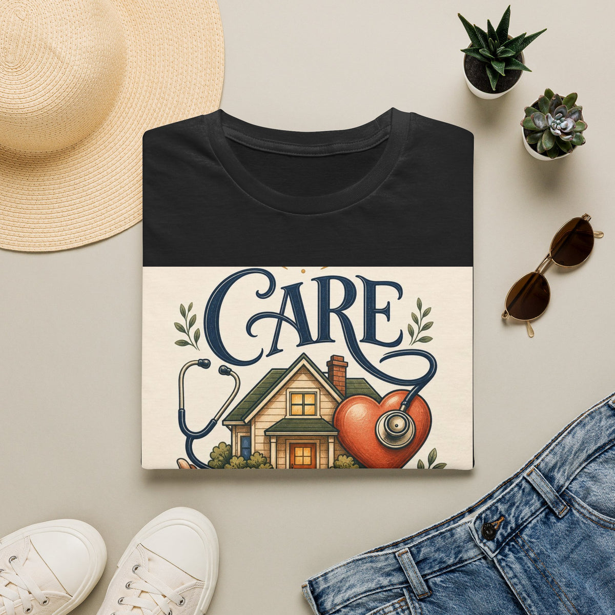 T Shirt Design Featuring Care Comes Home With Warm Illustrations
