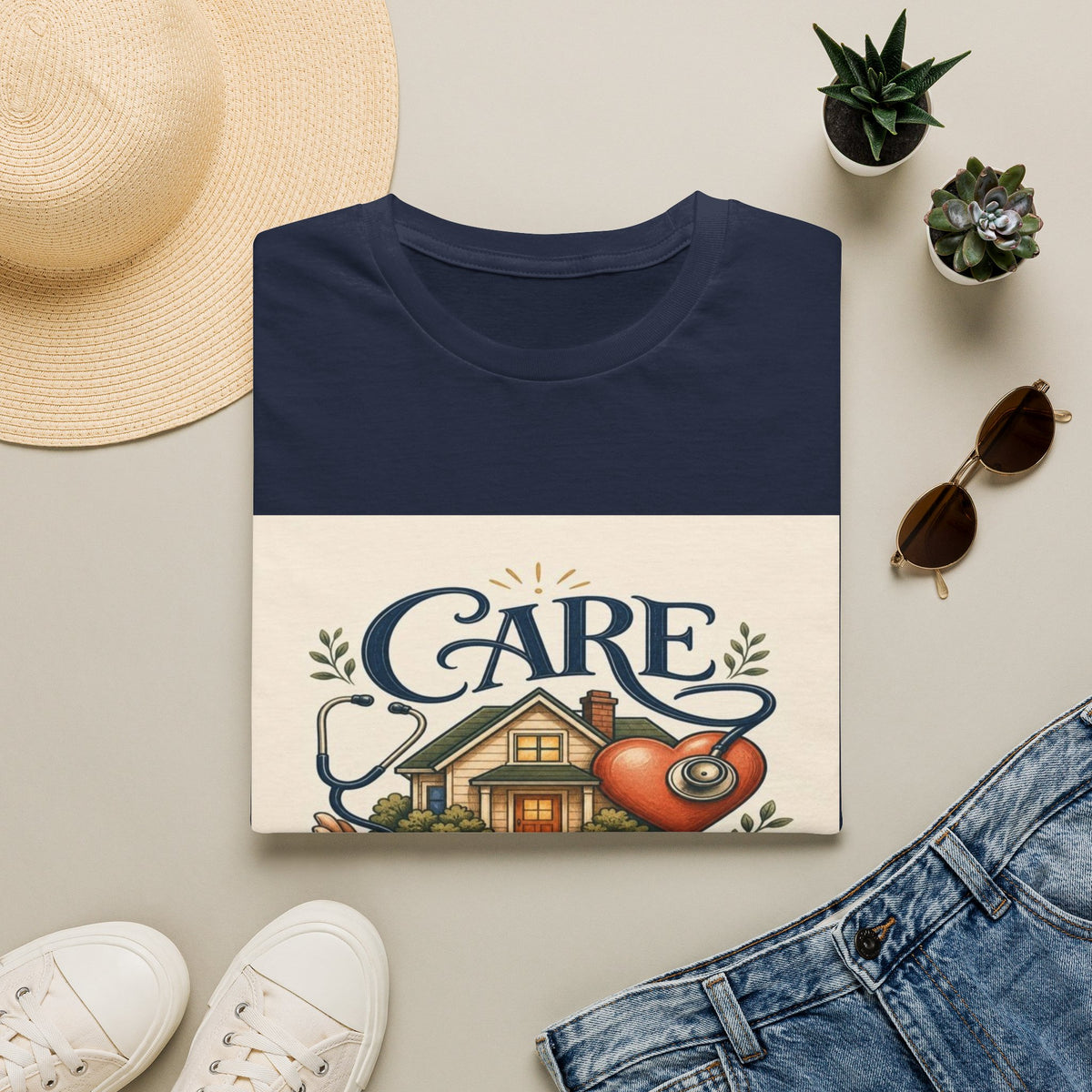 T-shirt Design Featuring Care Comes Home With Warm Illustrations- Graphic Tees