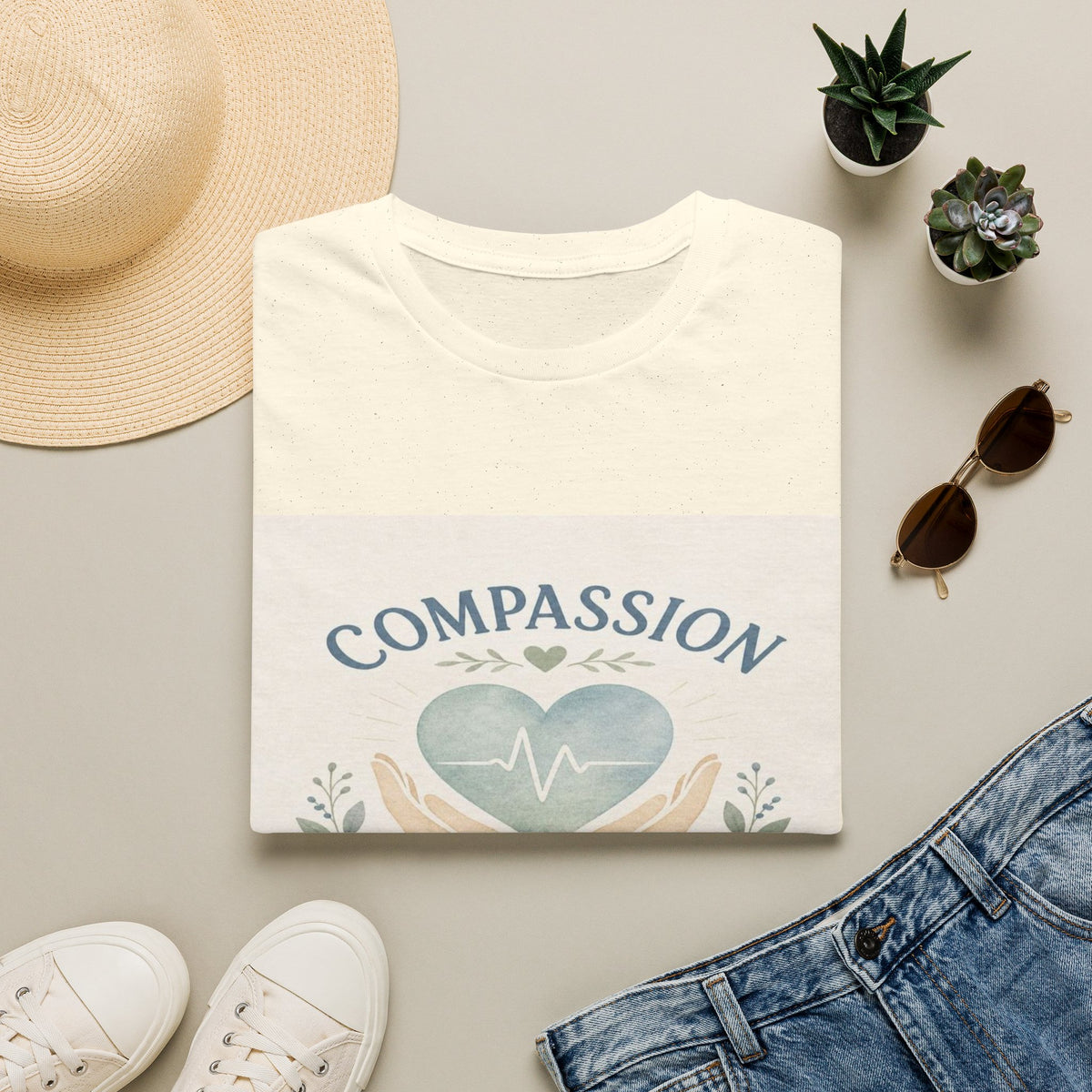T-shirt Design Featuring Compassion Lives Here With Heart and Hands- Graphic Tees