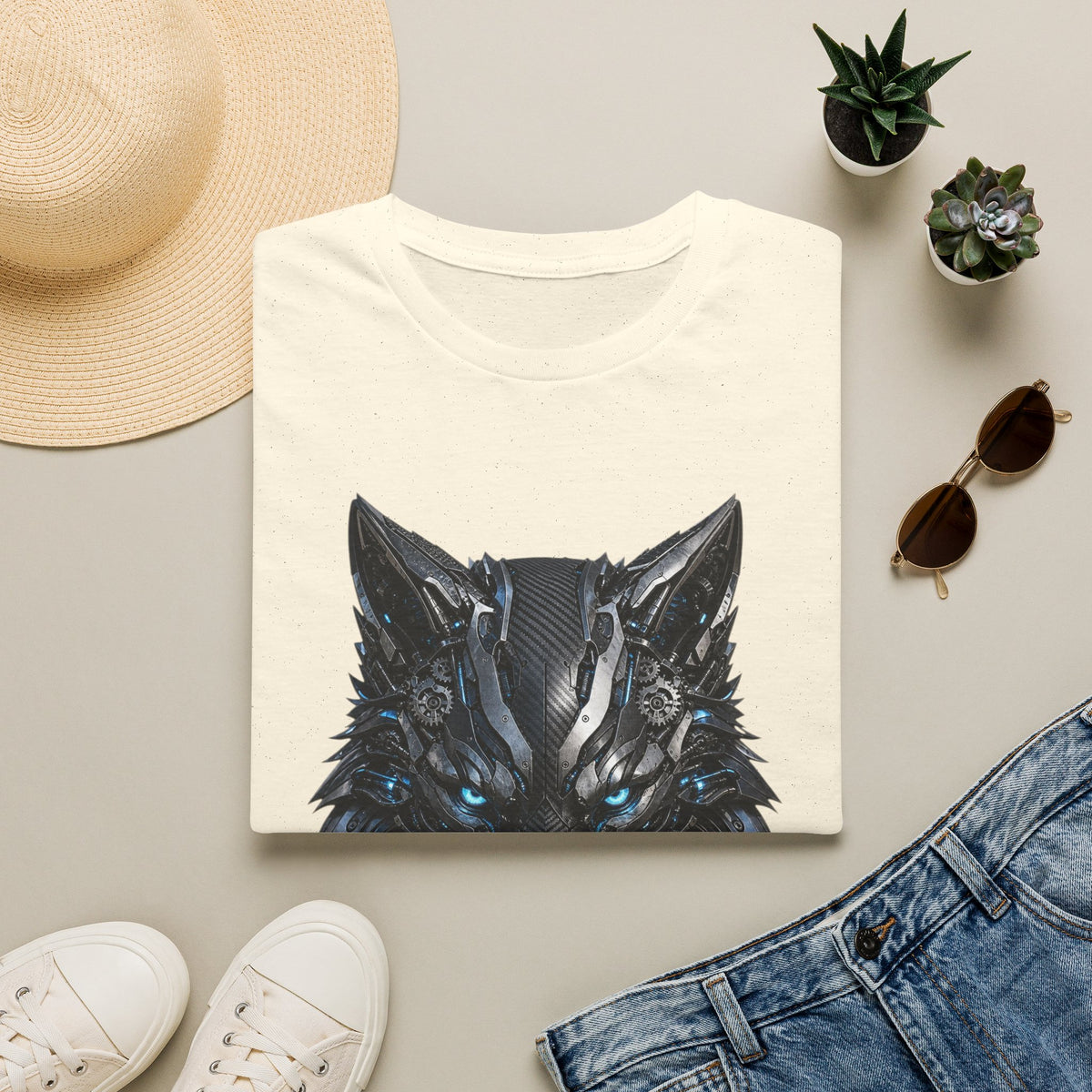 Wolf Mask T-Shirt — Futuristic Blue-Eyed Cyber Wolf Graphic Tee