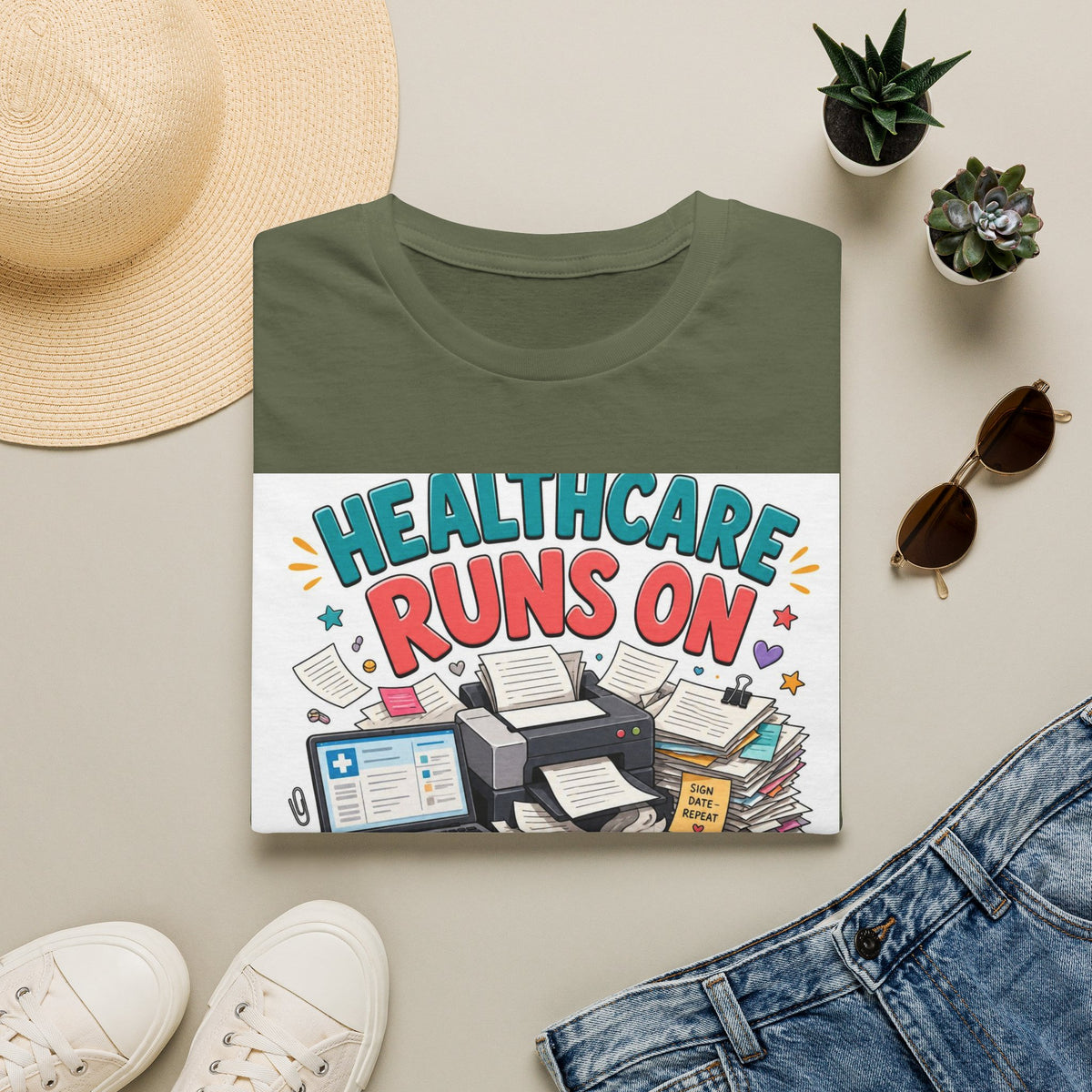 Humorous T Shirt Design Highlighting Healthcare's Paperwork Chaos