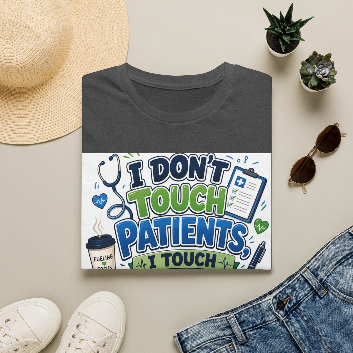Humorous T Shirt Design Featuring Playful Healthcare And Spreadsheet Imagery