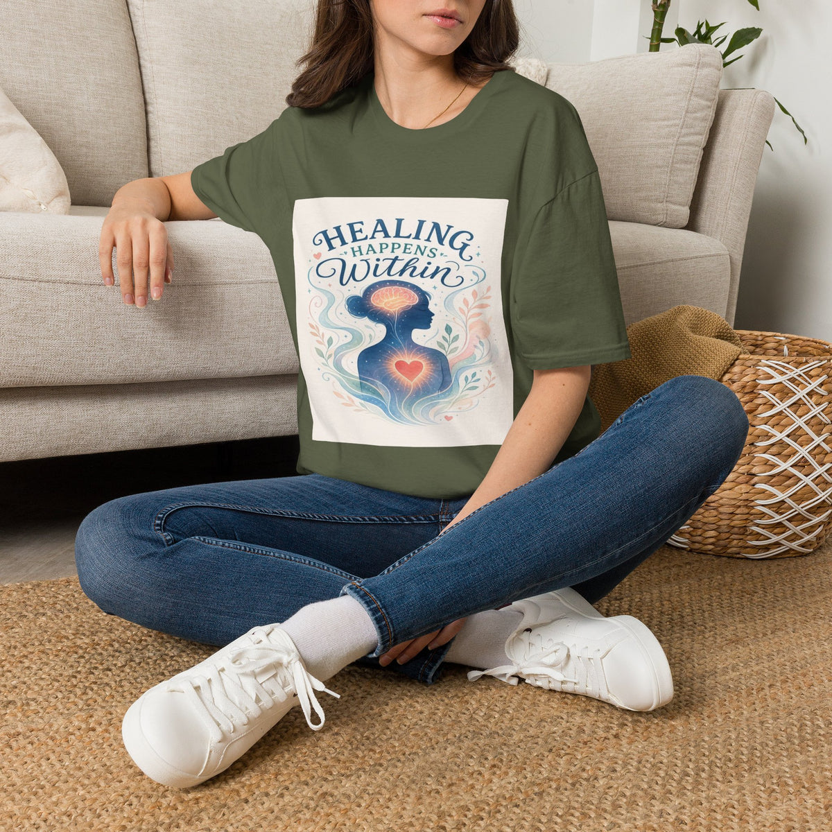 Human Silhouette With Glowing Brain And Heart Design- Graphic Tees