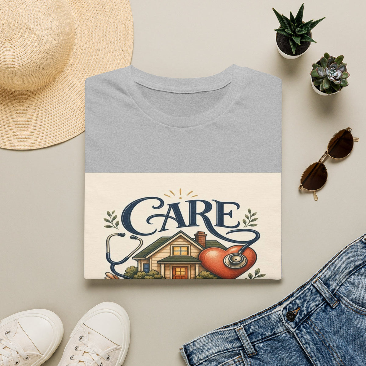 T-shirt Design Featuring Care Comes Home With Warm Illustrations- Graphic Tees