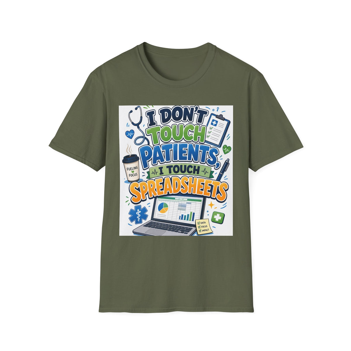 Humorous T Shirt Design Featuring Playful Healthcare And Spreadsheet Imagery