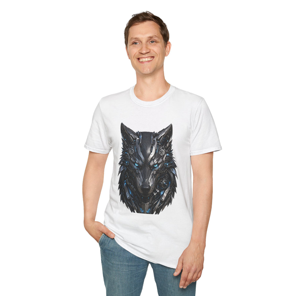 Wolf Mask T-Shirt — Futuristic Blue-Eyed Cyber Wolf Graphic Tee