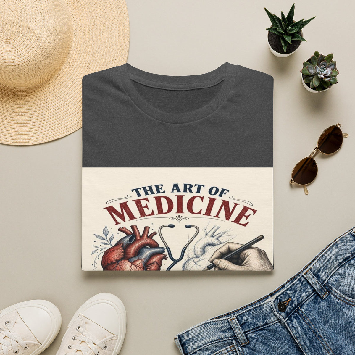 T-shirt Design Featuring Anatomical Heart And Sketching Hand- Graphic Tees