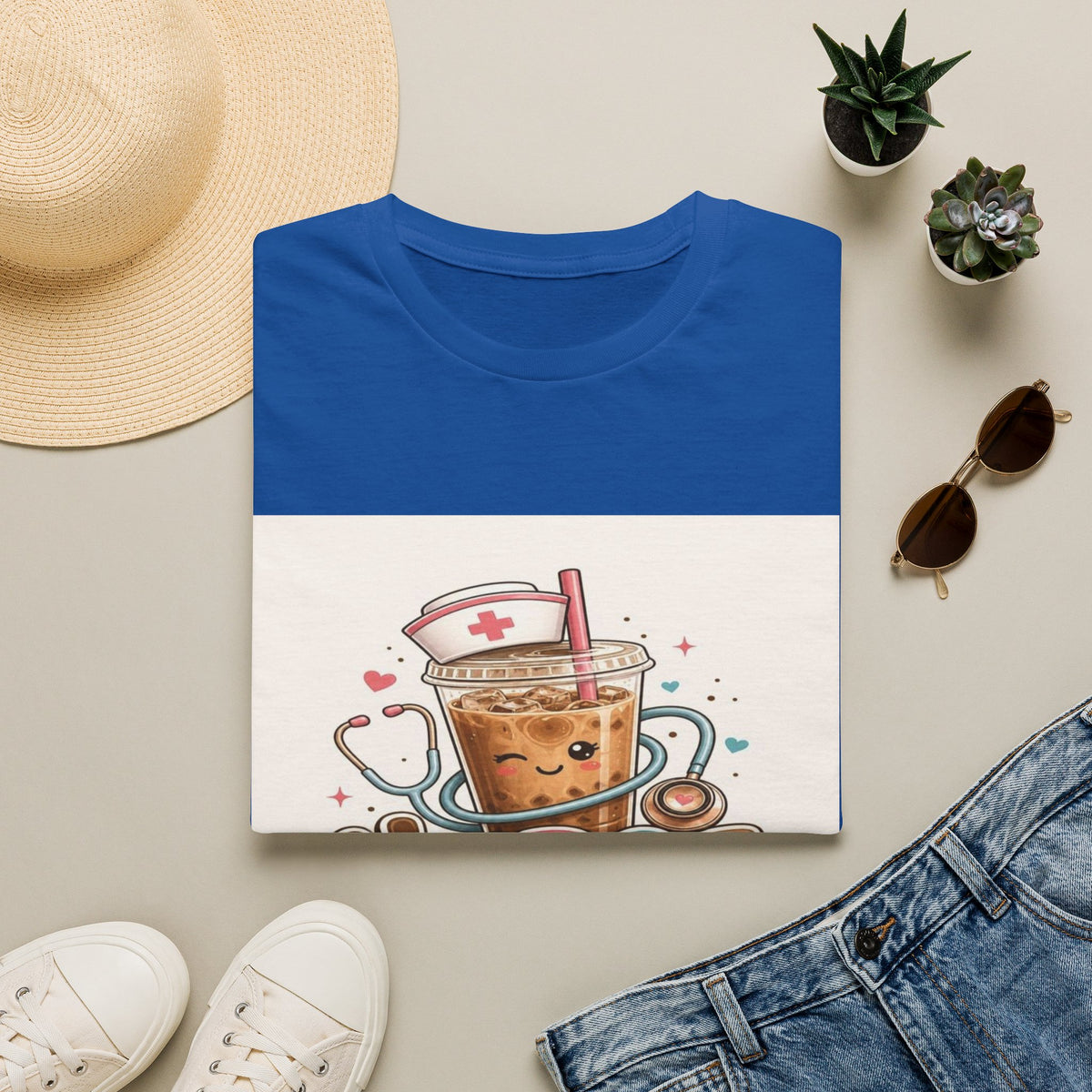 Cute T-Shirt Design Featuring Iced Coffee And Nurse Cap- Graphic Tees