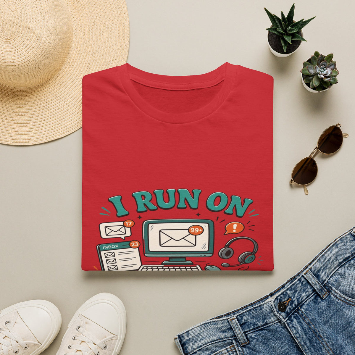 Bold T-Shirt Design With Playful Email And Coffee Illustrations- Graphic Tees
