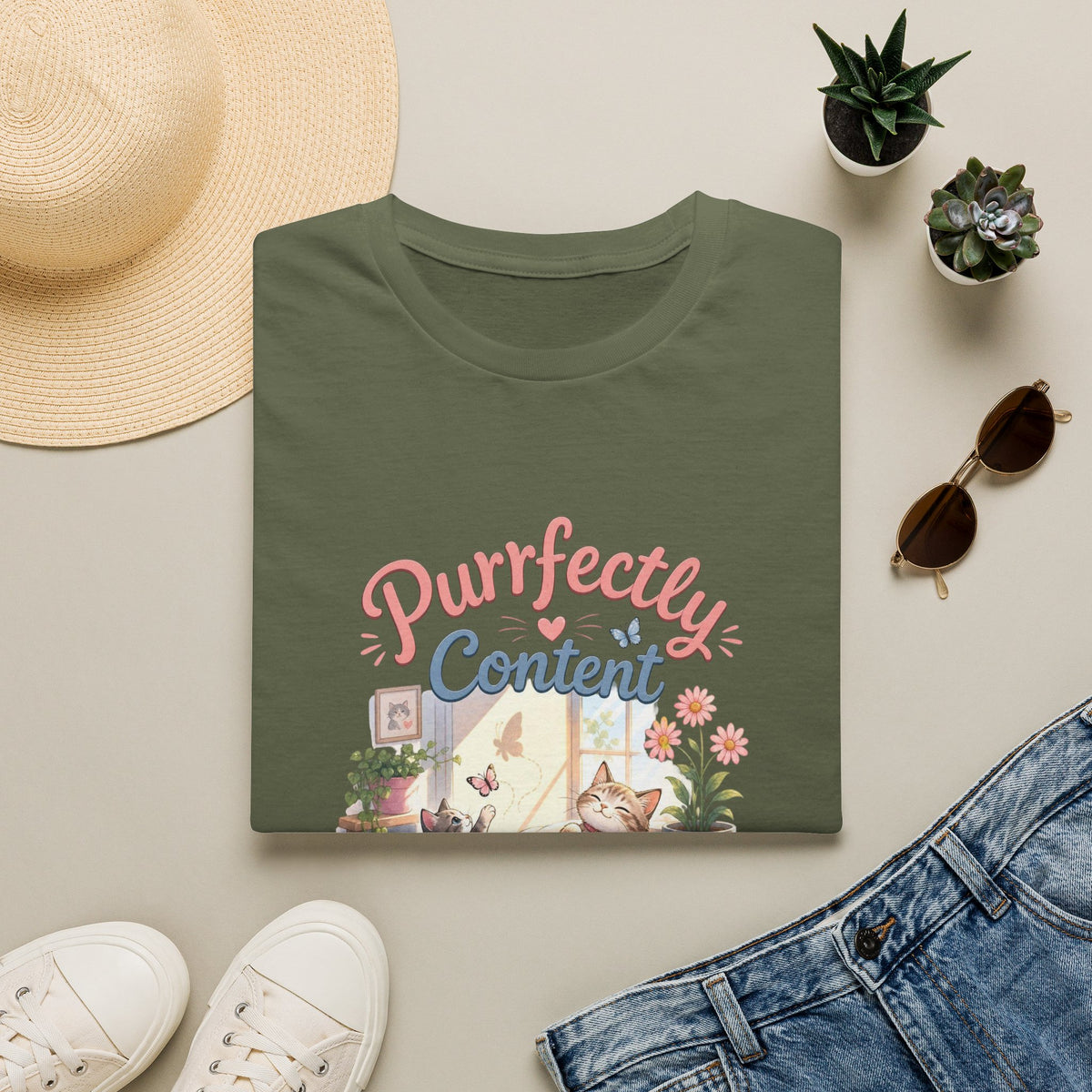 Purrfectly Content T-Shirt — Cute Cat Graphic Tee for Cat Lovers